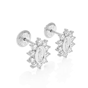 Aretes de botón con circonitas transparentes de Nuestra Señora de Guadalupe con halo inmaculado - Oro blanco macizo de 14 quilates, cierre de rosca, para bebés y niños
