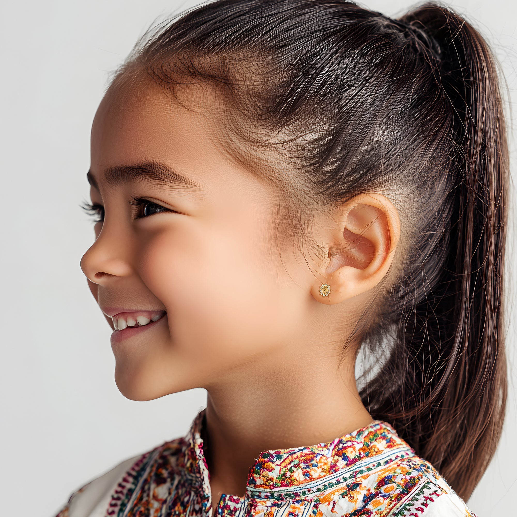 Immaculate Halo, Our Lady of Guadalupe Clear CZ Stud Earrings - Solid 14K Gold, Screw Back, for Babies & Children