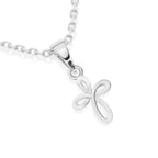 Sterling silver infinity cross pendant necklace on a white background.