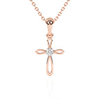 Rose gold infinity cross with CZ stone in the center on a white background.