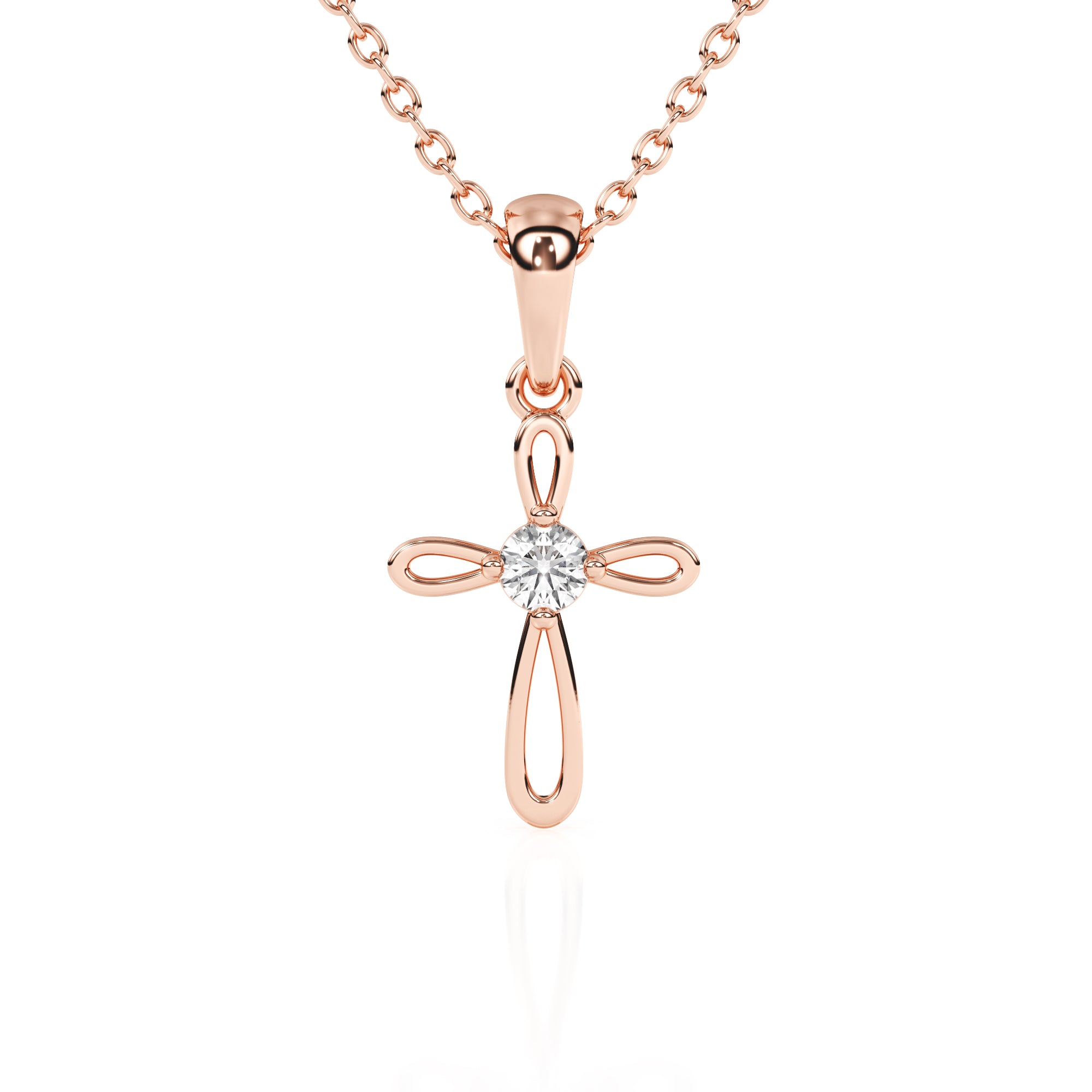 Rose gold infinity cross with CZ stone in the center on a white background.