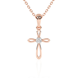 Rose gold infinity cross with CZ stone in the center on a white background.
