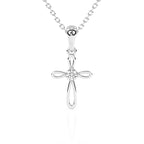 White gold Infinity cross with a CZ stone in the center on a white background.