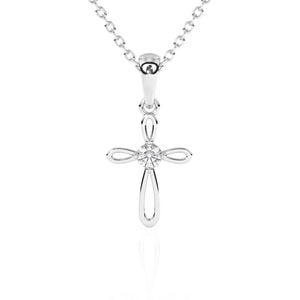 White gold Infinity cross with a CZ stone in the center on a white background.