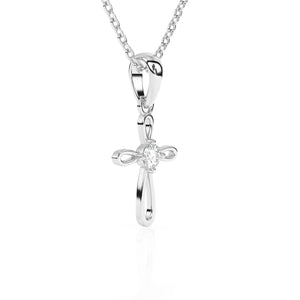 White gold Infinity cross with a CZ stone in the center on a white background.