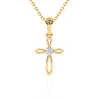 Yellow gold infinity cross necklace with clear CZ stone in the center.
