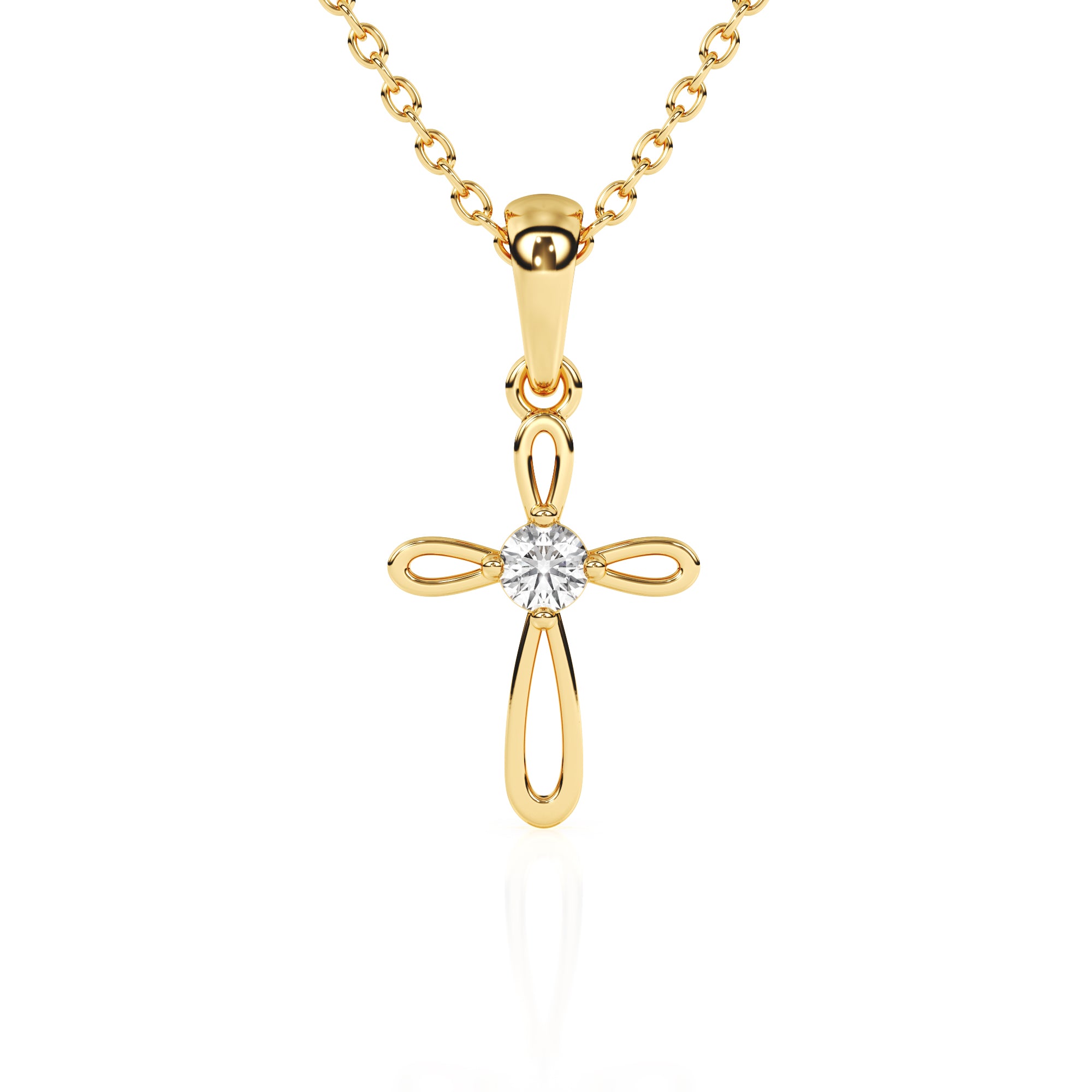Yellow gold infinity cross necklace with clear CZ stone in the center.