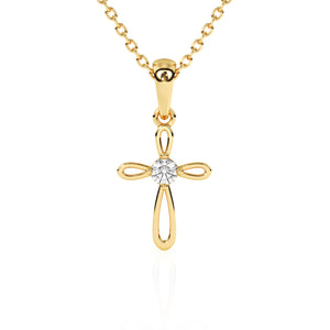 Yellow gold infinity cross necklace with clear CZ stone in the center.