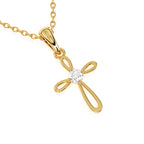 Yellow gold infinity cross necklace with clear CZ stone in the center.