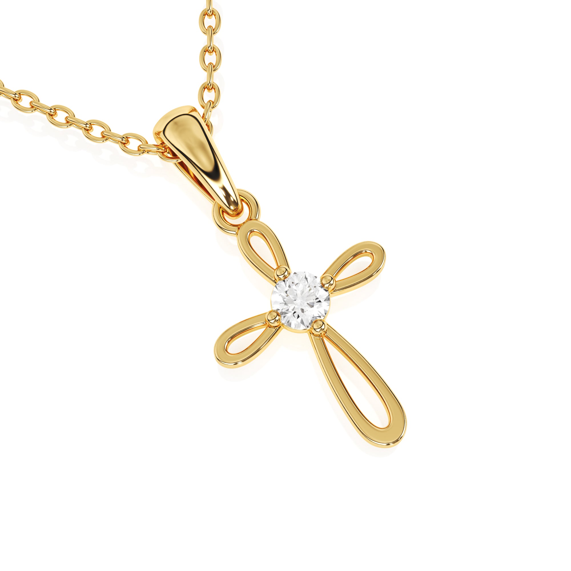 Yellow gold infinity cross necklace with clear CZ stone in the center.