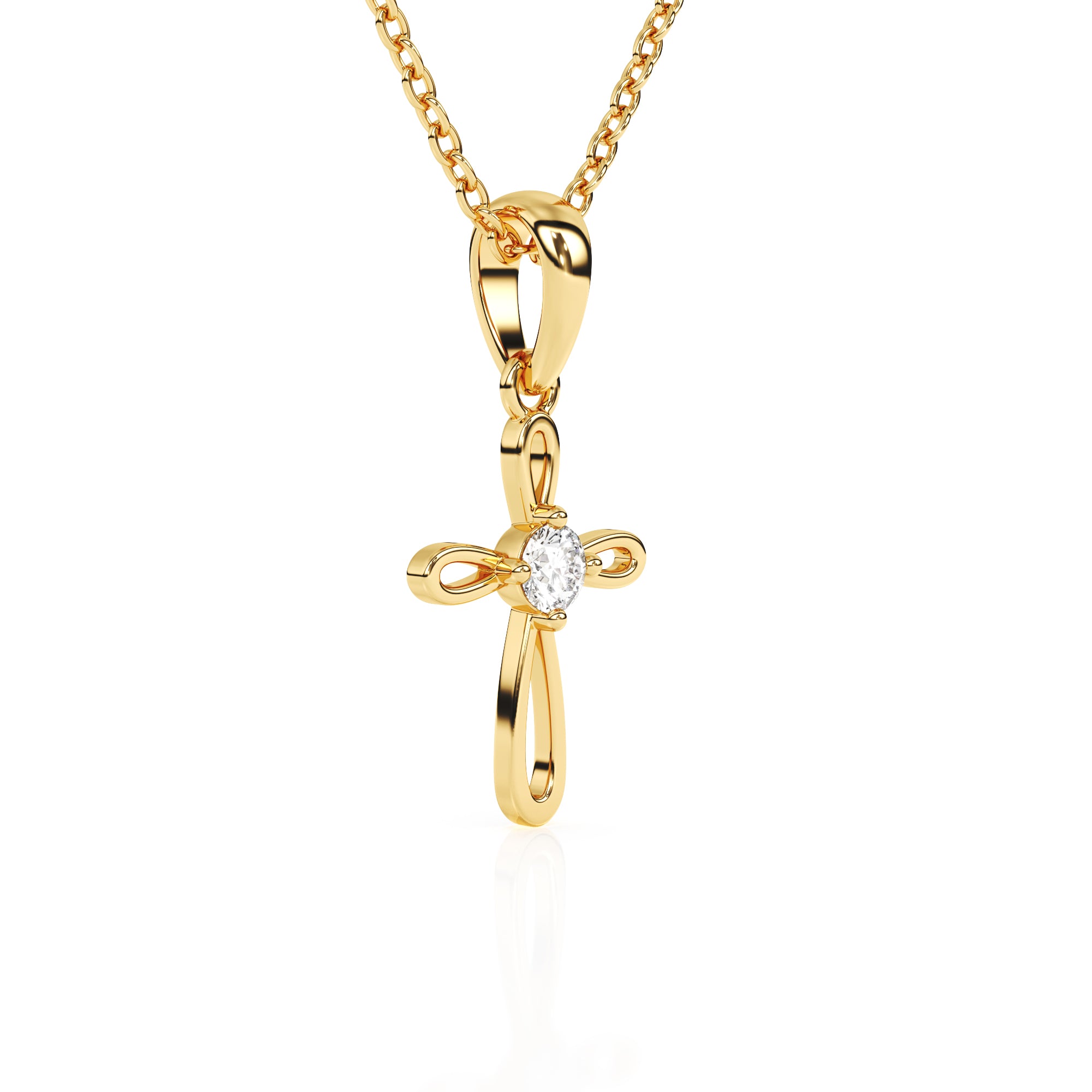 Yellow gold infinity cross necklace with clear CZ stone in the center.
