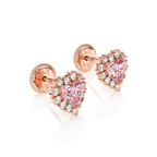 Joyful Heart, Pink/Clear Pavé CZ Stud Earrings - Solid 14K Rose Gold, Screw Back, for Babies & Children