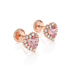 Joyful Heart, Pink/Clear Pavé CZ Stud Earrings - Solid 14K Rose Gold, Screw Back, for Babies & Children