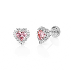 Joyful Heart, Pink/Clear Pavé CZ Stud Earrings - Solid 14K White Gold, Screw Back, for Babies & Children