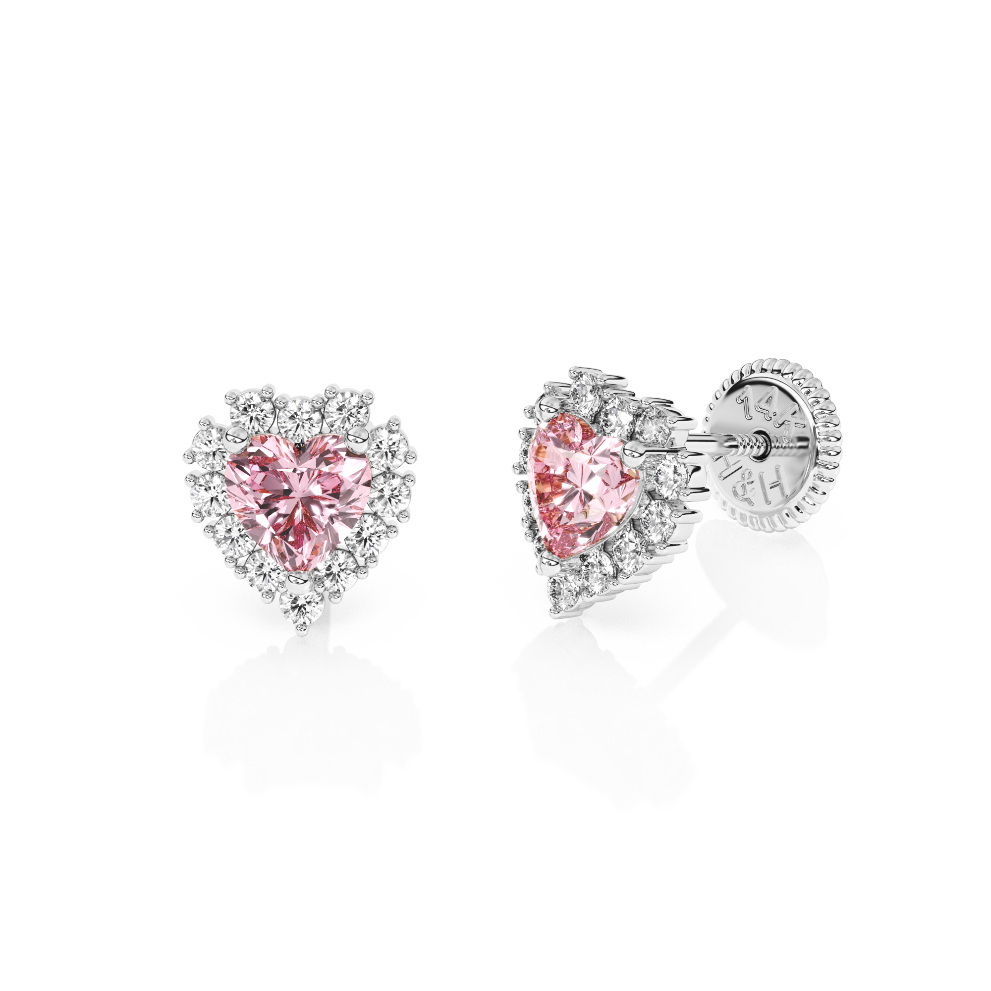 Joyful Heart, Pink/Clear Pavé CZ Stud Earrings - Solid 14K White Gold, Screw Back, for Babies & Children