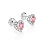 Joyful Heart, Pink/Clear Pavé CZ Stud Earrings - Solid 14K White Gold, Screw Back, for Babies & Children