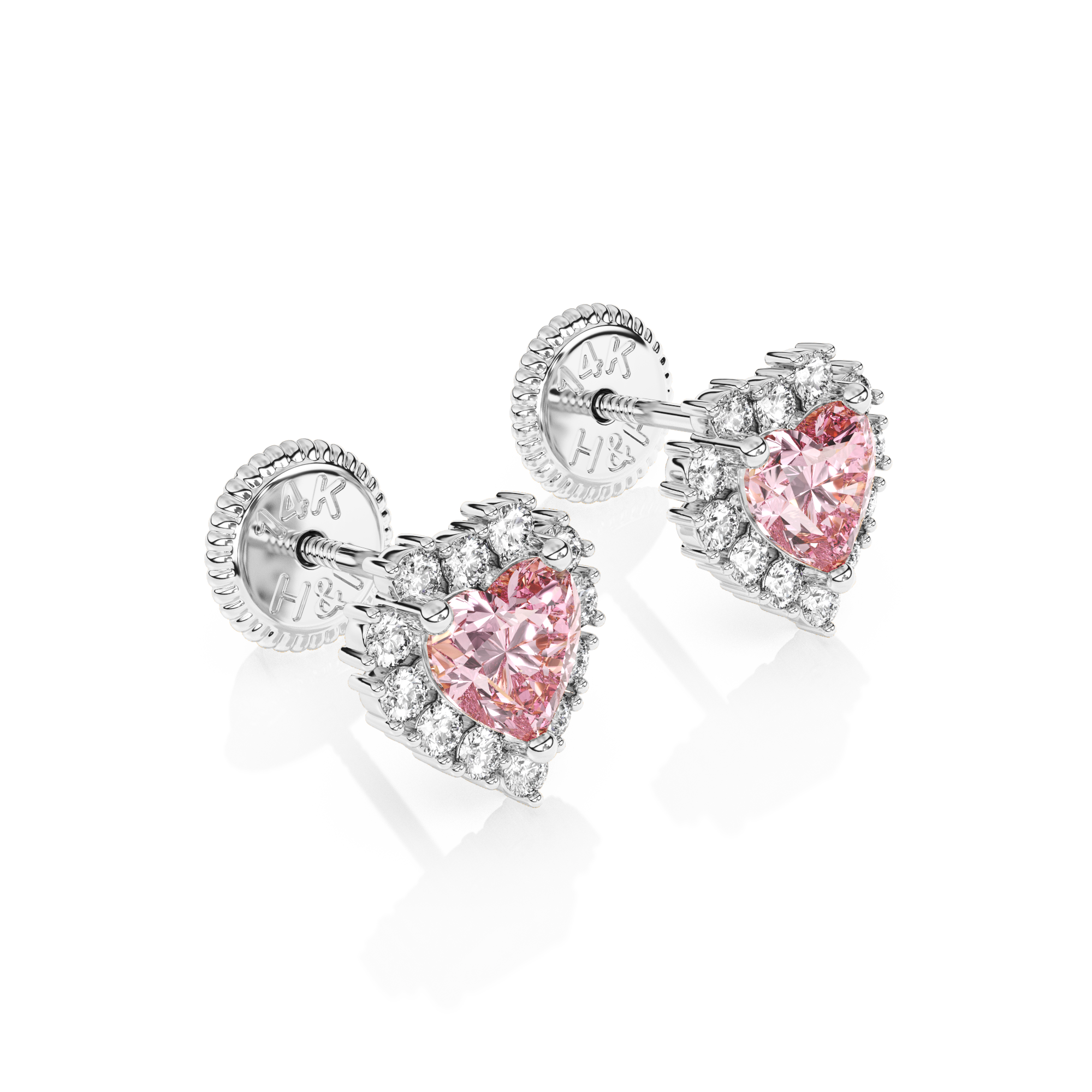 Joyful Heart, Pink/Clear Pavé CZ Stud Earrings - Solid 14K White Gold, Screw Back, for Babies & Children