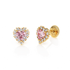 Joyful Heart, Pink/Clear Pavé CZ Stud Earrings - Solid 14K Gold, Screw Back, for Babies & Children