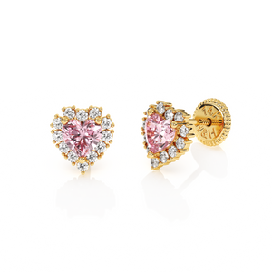 Joyful Heart, Pink/Clear Pavé CZ Stud Earrings - Solid 14K Gold, Screw Back, for Babies & Children