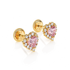 Joyful Heart, Pink/Clear Pavé CZ Stud Earrings - Solid 14K Gold, Screw Back, for Babies & Children