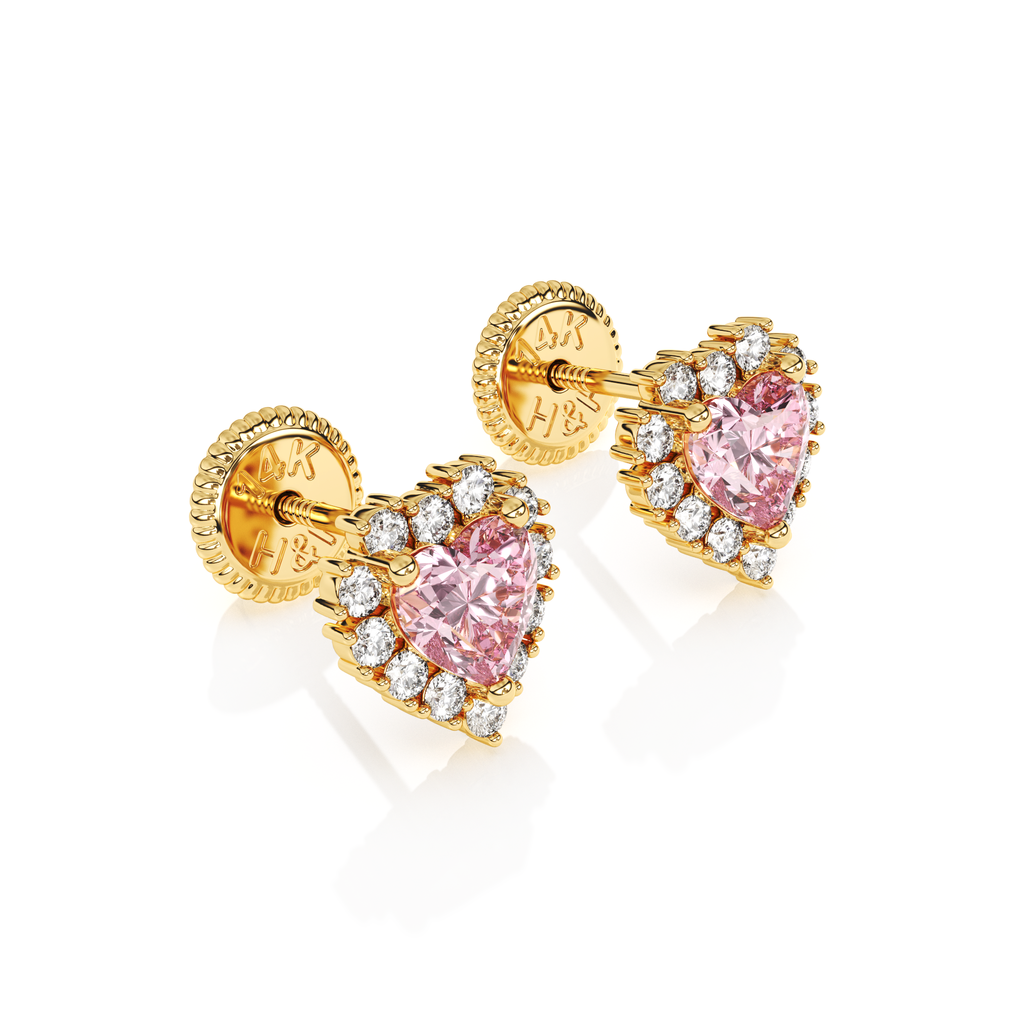 Joyful Heart, Pink/Clear Pavé CZ Stud Earrings - Solid 14K Gold, Screw Back, for Babies & Children
