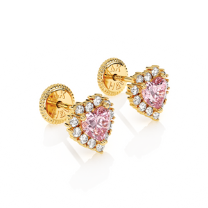 Joyful Heart, Pink/Clear Pavé CZ Stud Earrings - Solid 14K Gold, Screw Back, for Babies & Children