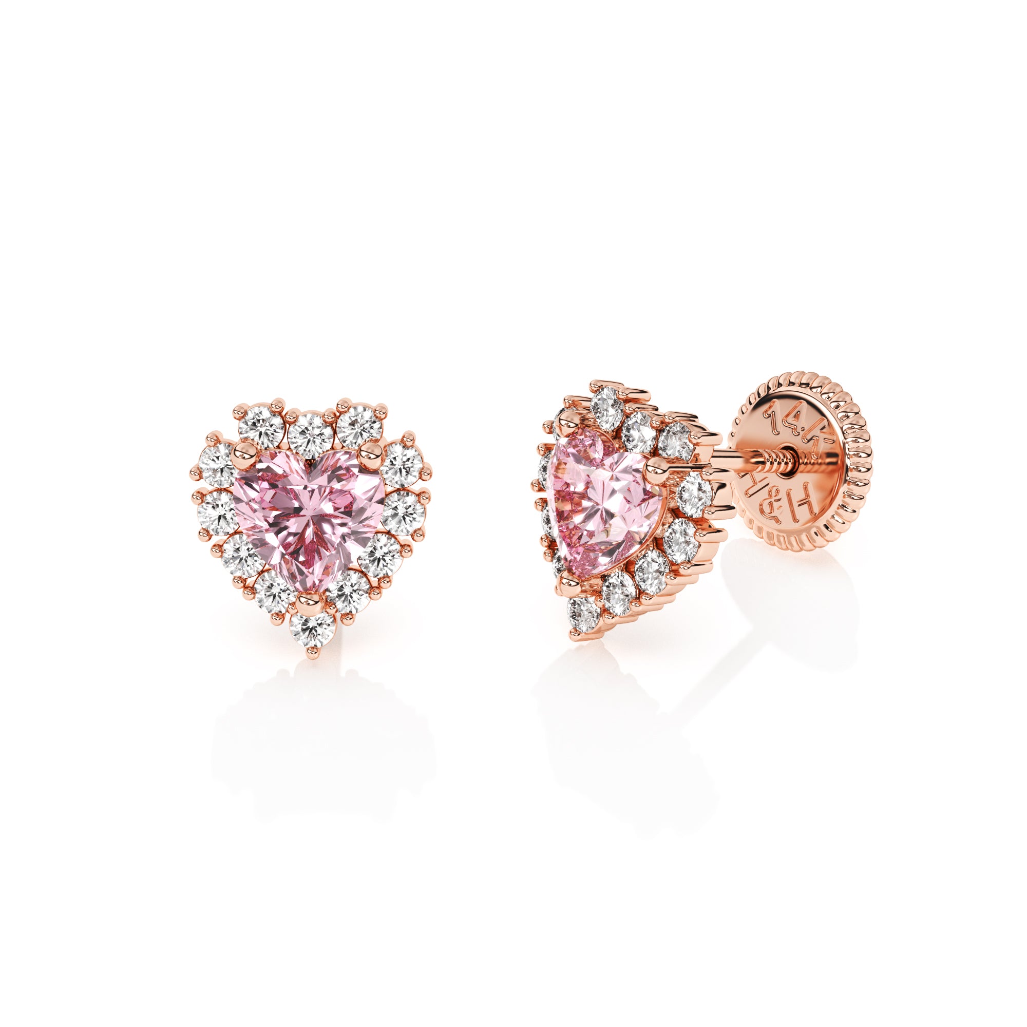 Rose gold heart stud earrings with clear CZ stones surrounding a pink heart stone, screwback post.