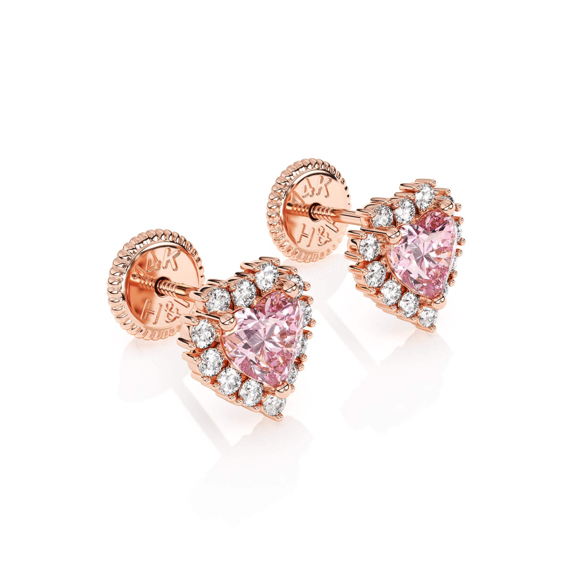 Rose gold heart stud earrings with clear CZ stones surrounding a pink heart stone, screwback post. 
