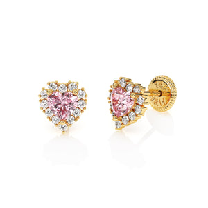Joyful Heart, Pink/Clear Pavé CZ Stud Earrings - Solid 14K Gold, Screw Back, for Babies & Children