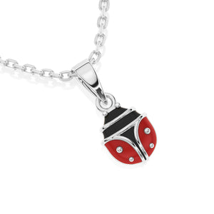 Sterling silver necklace with a red and black ladybug pendant on a white background.