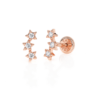 Lucky Stars, Clear CZ Stud Earrings - Solid 14K Rose Gold, Screw Back, for Babies & Children