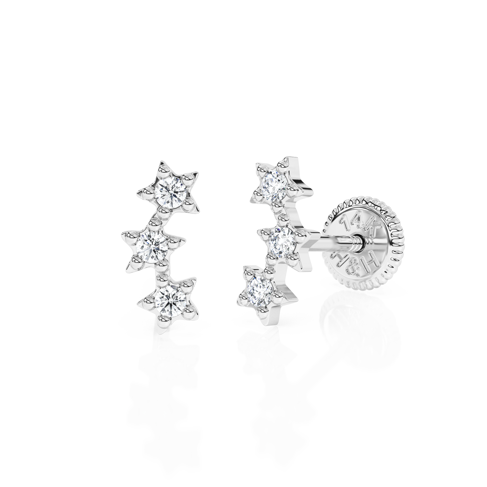 Lucky Stars, Clear CZ Stud Earrings - Solid 14K White Gold, Screw Back, for Babies & Children