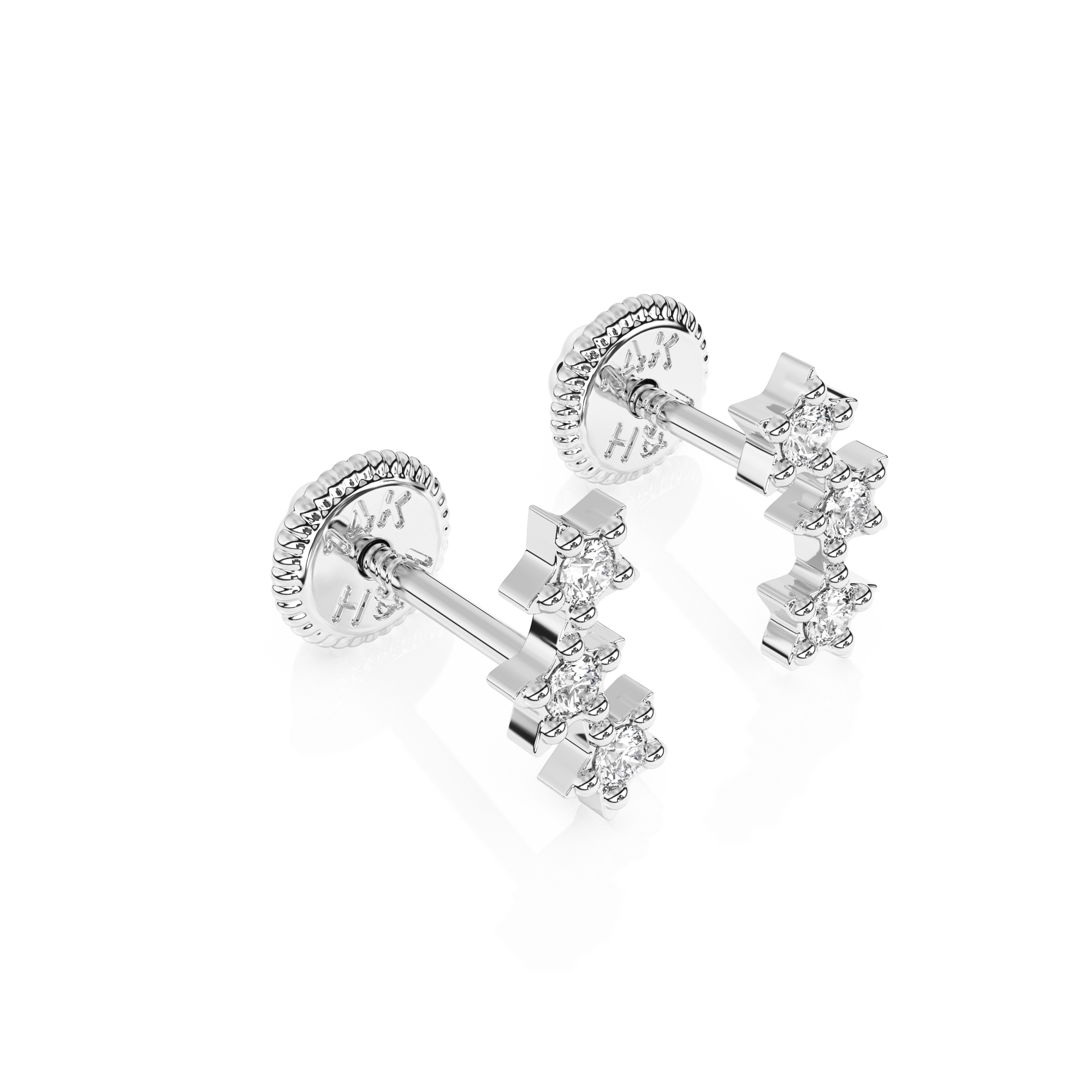 Lucky Stars, Clear CZ Stud Earrings - Solid 14K White Gold, Screw Back, for Babies & Children