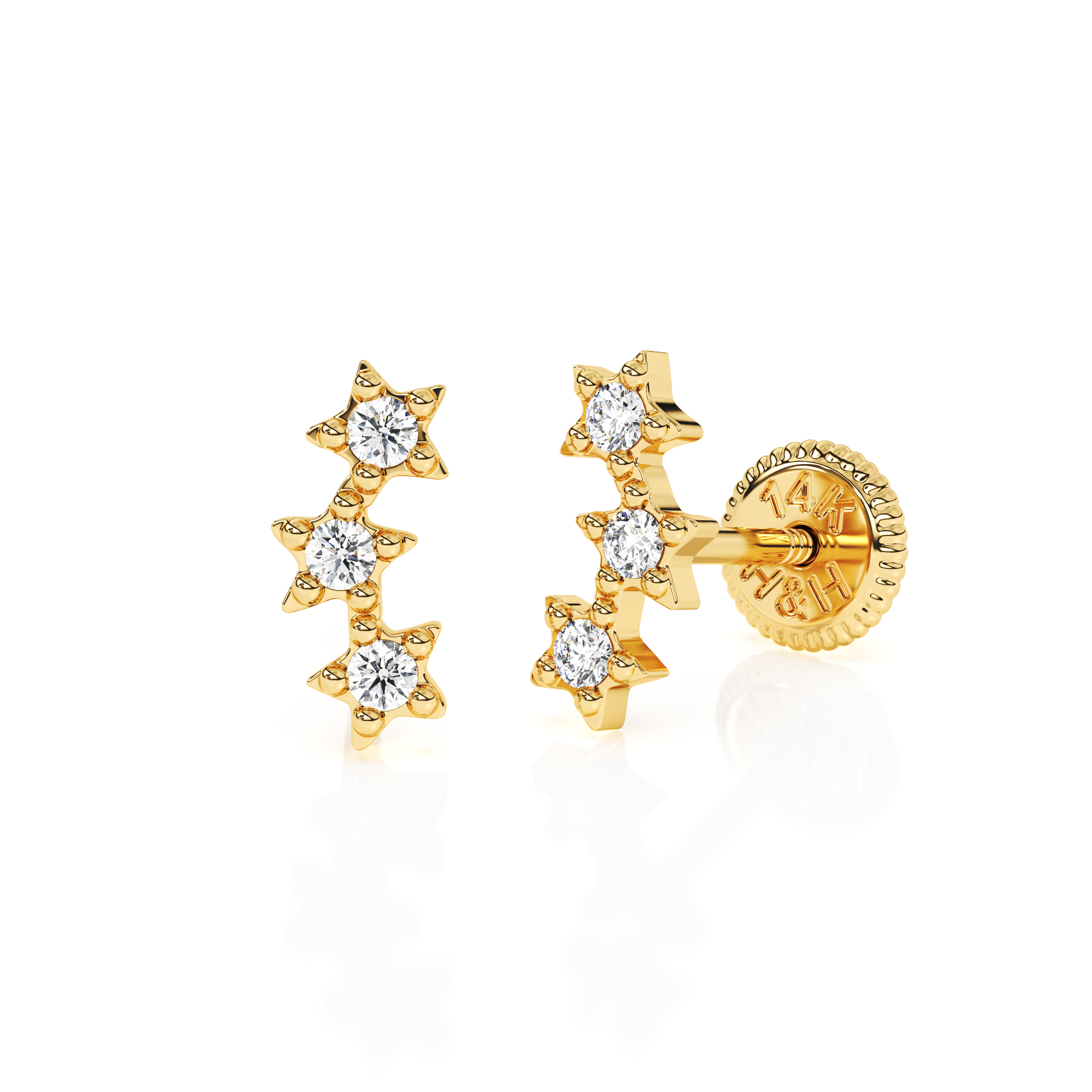 Lucky Stars, Clear CZ Stud Earrings - Solid 14K Gold, Screw Back, for Babies & Children
