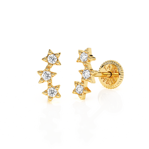 Lucky Stars, Clear CZ Stud Earrings - Solid 14K Gold, Screw Back, for Babies & Children