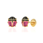 Front view of Lucky Ladybug pink stud earrings in solid 14K yellow gold with screw-back posts.