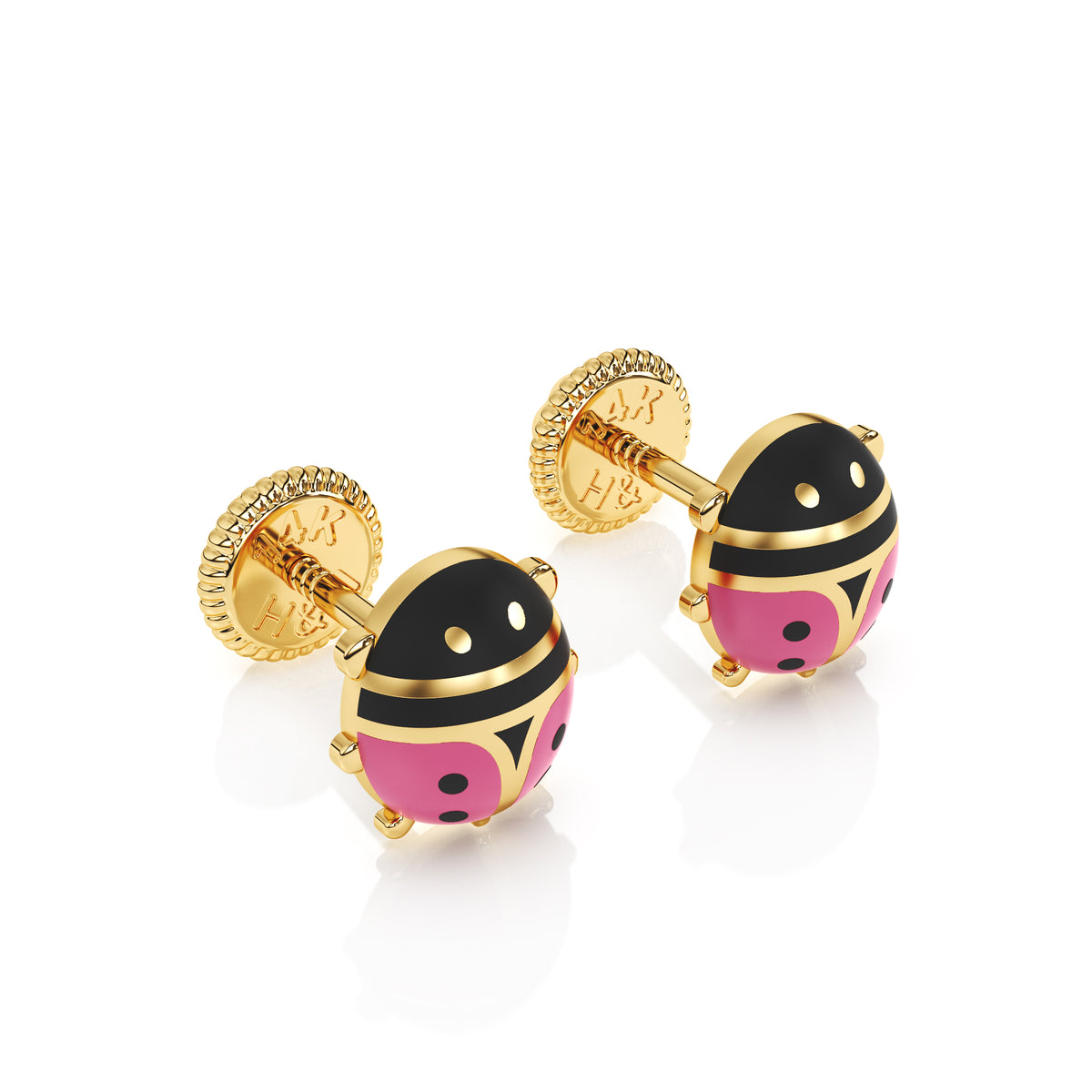 Front top-down view of Lucky Ladybug pink stud earrings in solid 14K yellow gold with screw-back posts.