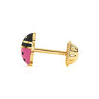 Side view of Lucky Ladybug pink stud earrings in solid 14K yellow gold with screw-back posts.