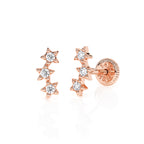 Rose gold stud earrings with a screwback post and cluster of 3 stars with clear CZ stones. 