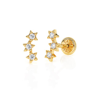 Pendientes de estrella de la suerte con circonita cúbica transparente - Oro macizo de 14 quilates, cierre de rosca, para bebés y niños