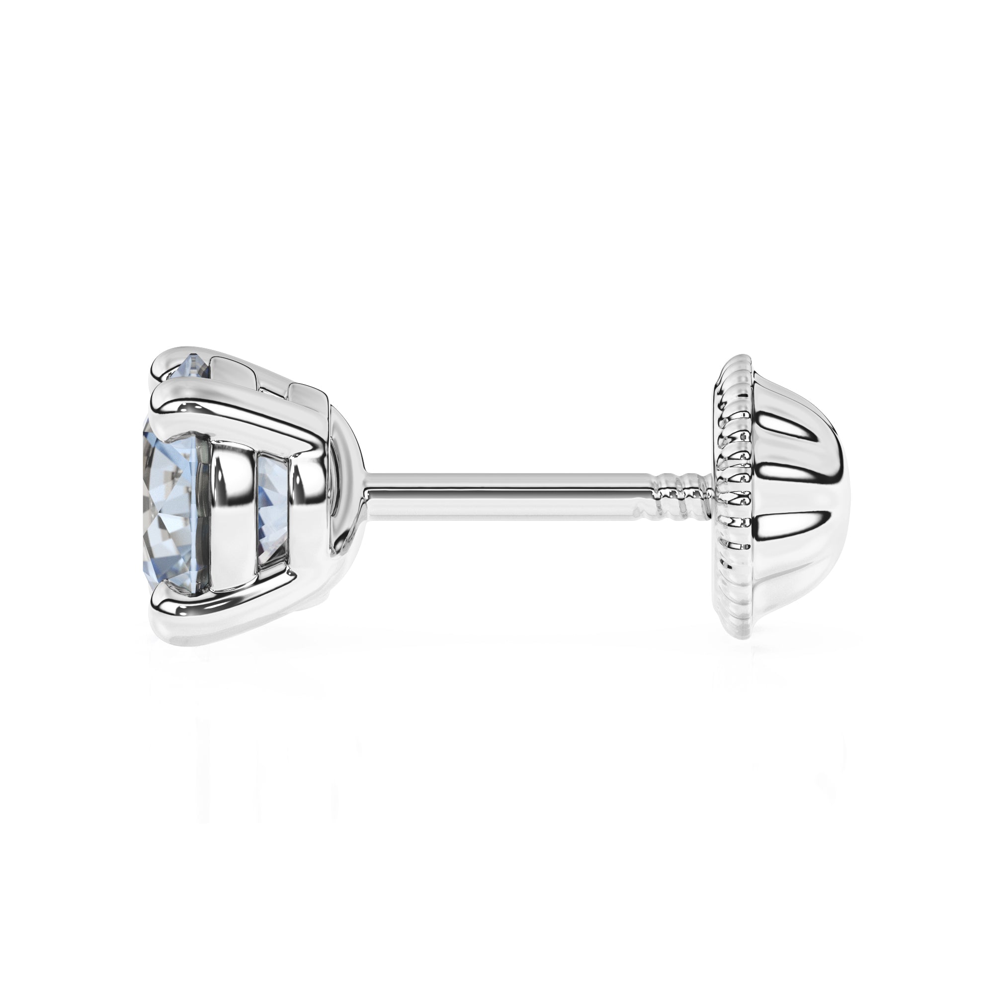 Swarovski March birthstone stud earrings in white gold with screwback post.