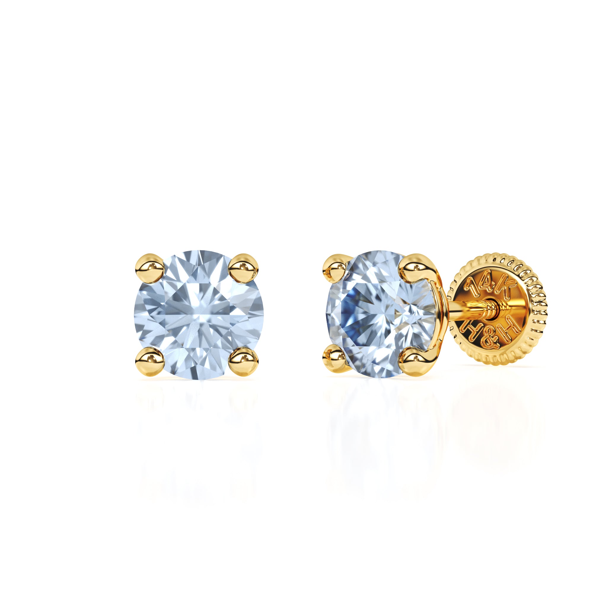 Swarovski March birthstone stud earrings in yellow gold with screwback post.