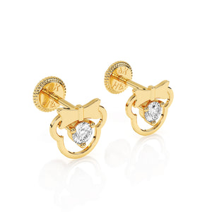 Front top-down view of Miss Mouse with Bow clear round CZ stud earrings in solid 14K yellow gold with screw-back posts.