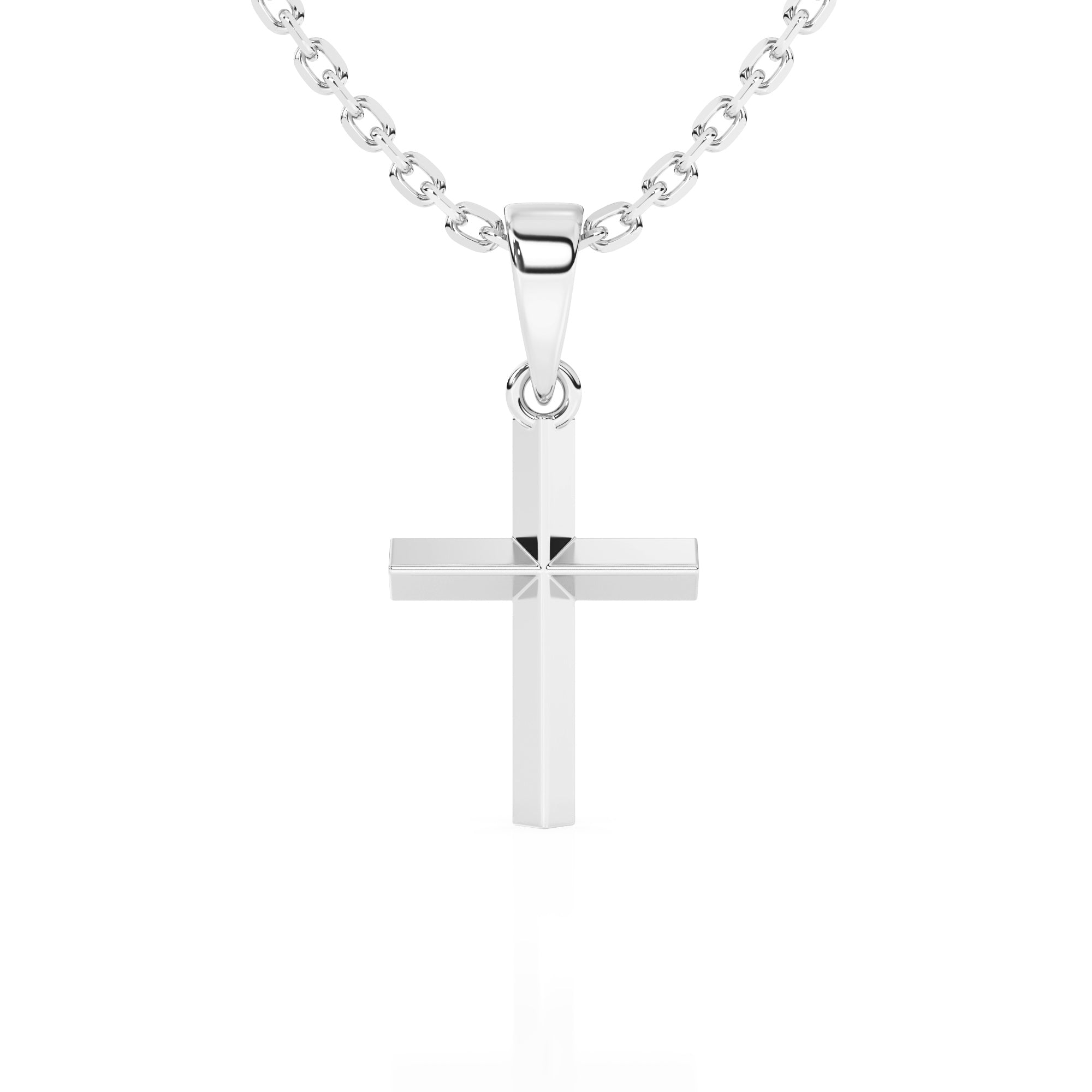 Sterling silver cross pendant on a chain against a white background.