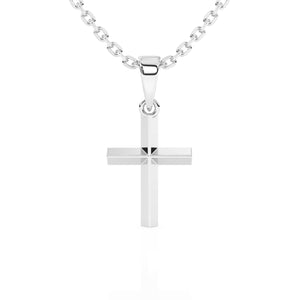 Sterling silver cross pendant on a chain against a white background.