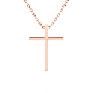 Rose gold cross necklace on a white background. 