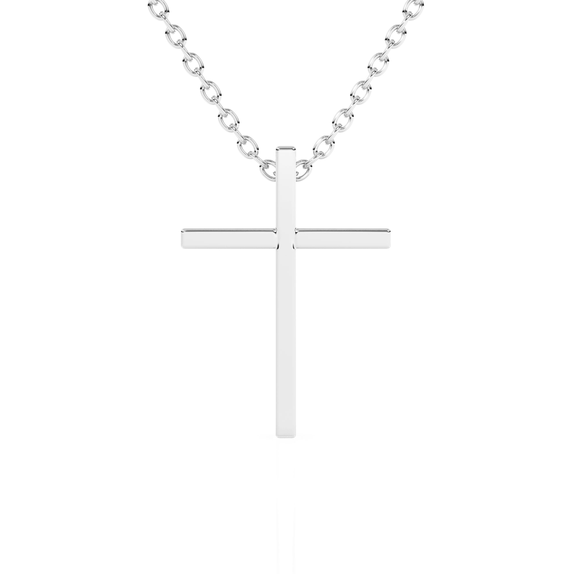 White gold cross necklace on a white background.