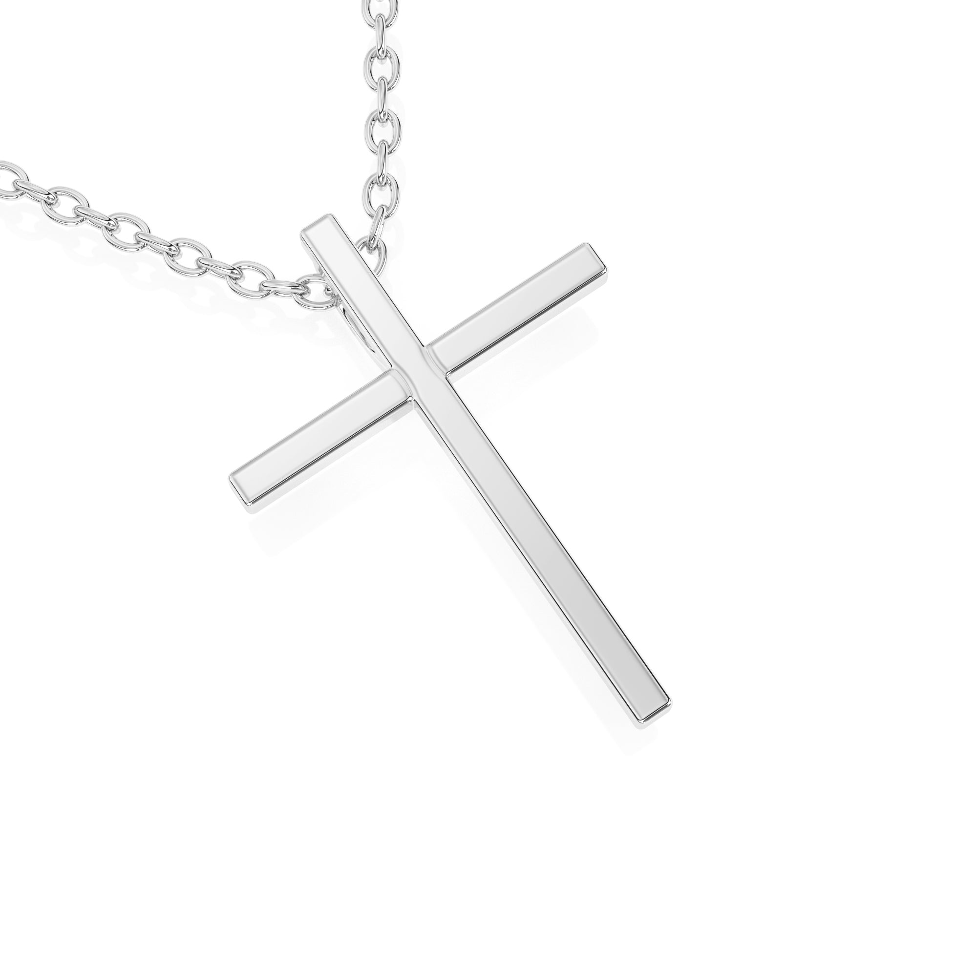 White gold cross necklace on a white background.