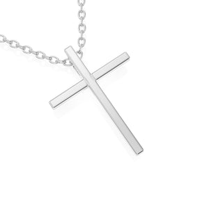 White gold cross necklace on a white background.