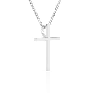 White gold cross necklace on a white background.